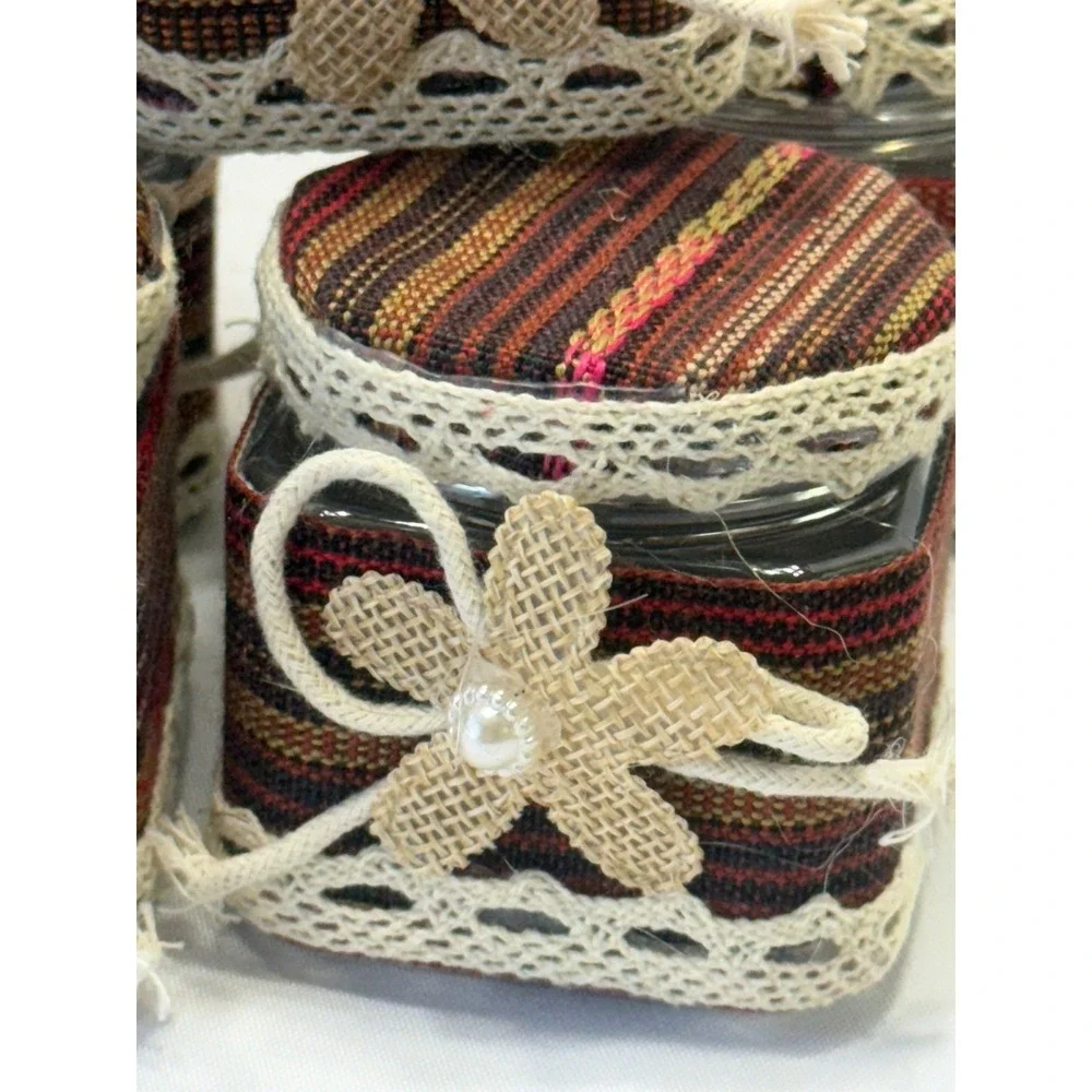 Set of 10 Decorative plastic Jars with Fabric Lids and Embellishments‎
